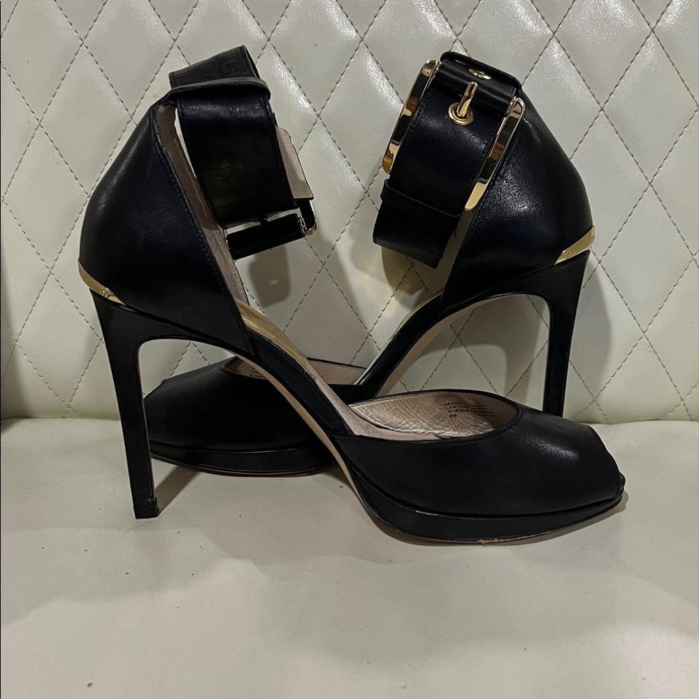 Michael Kors Calder Black Leather Ankle Strap Open-Toe Heels